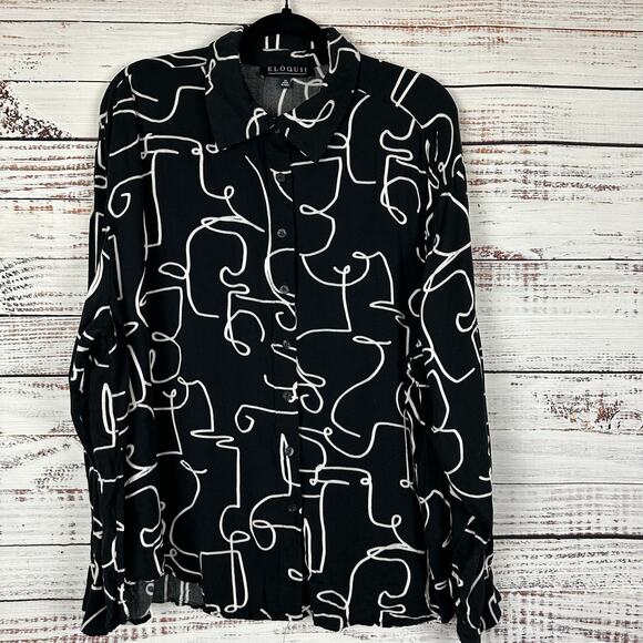 Womens Eloquii Black White Abstract Print Button Up Blouse Long Sleeve Career 20 - Picture 1 of 6